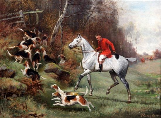 Wilson Hepple (1854-1937) Huntsman with hounds 12 x 15.5in.